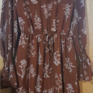Brown Floral Long Sleeve Dress Size M